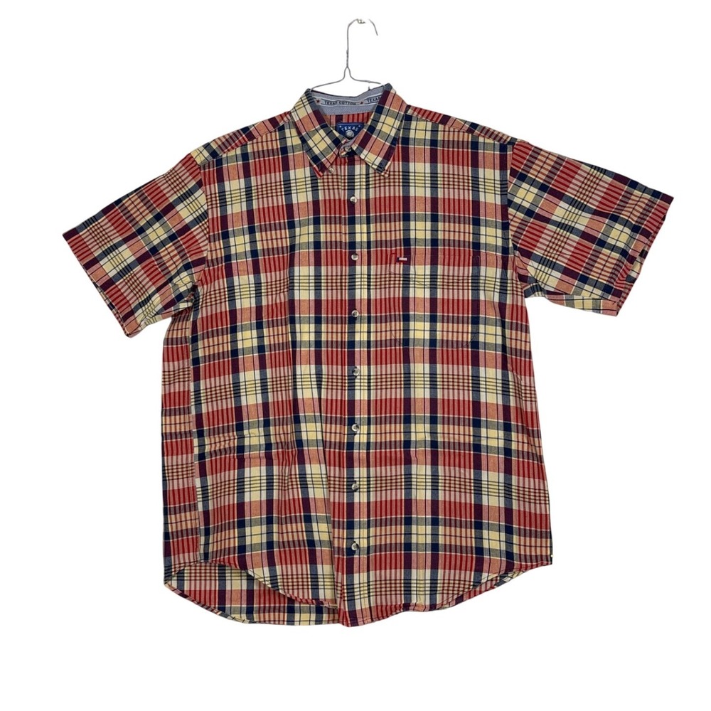 Texas Cotton Mens Plaid Short Sleeve Button Down Shirt Red Blue Yellow Medium